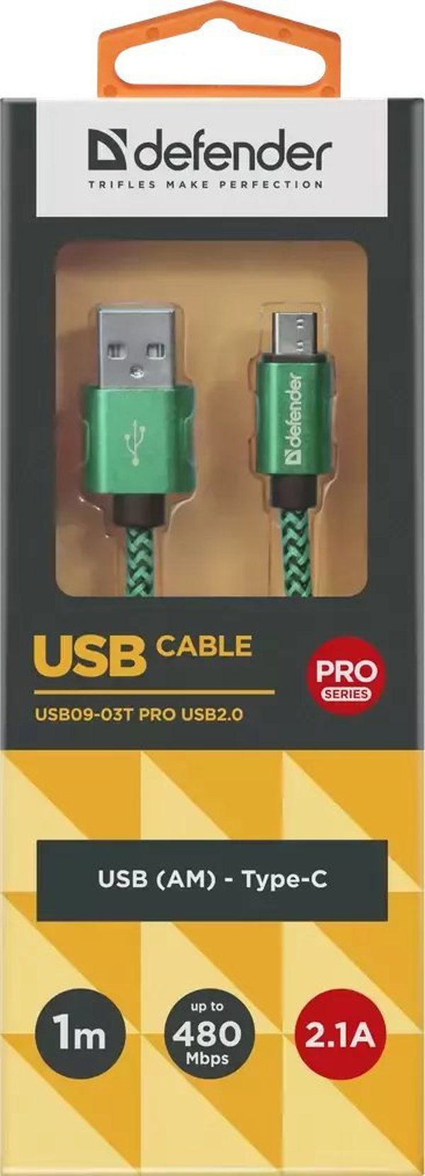 Καλώδιο USB Defender USB-A σε USB-C 1m, Υψηλής Αντοχής με Πλεκτή Επένδυση, 2.1A, Πράσινο