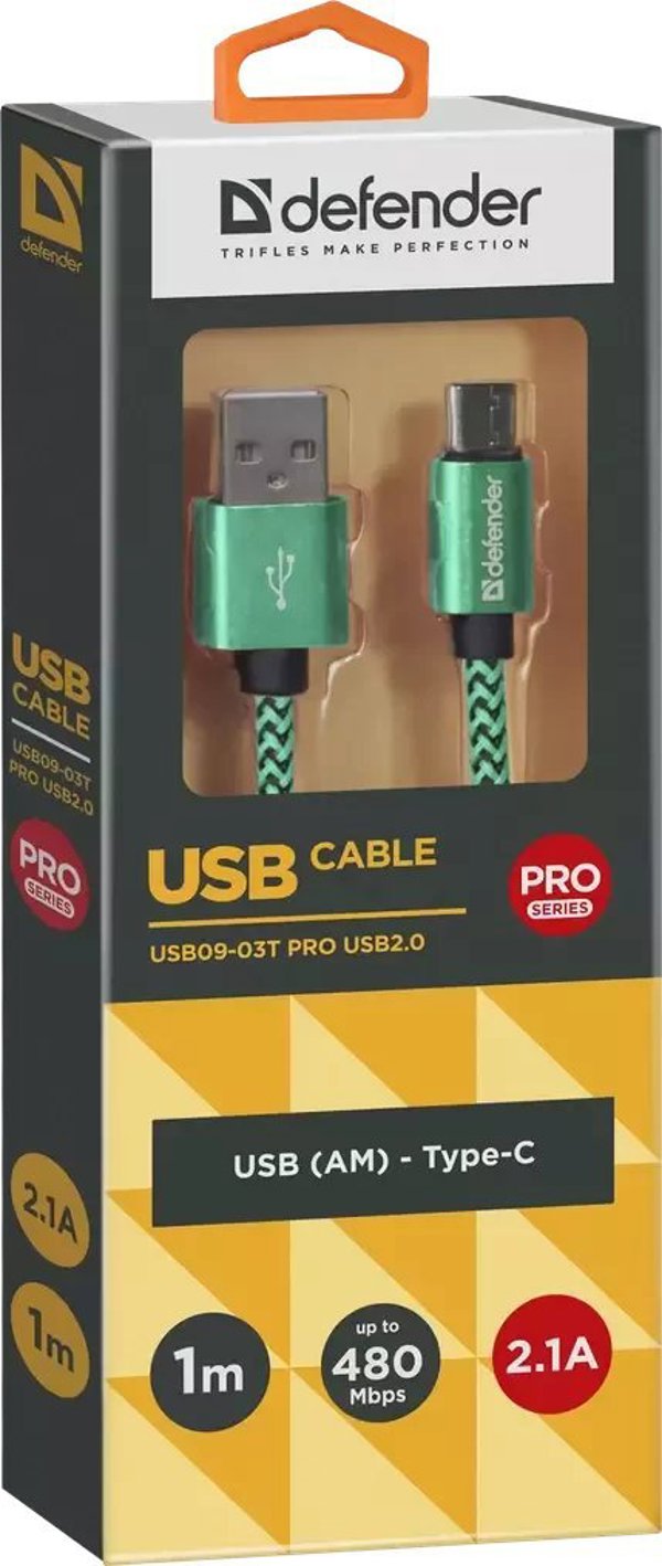 Καλώδιο USB Defender USB-A σε USB-C 1m, Υψηλής Αντοχής με Πλεκτή Επένδυση, 2.1A, Πράσινο
