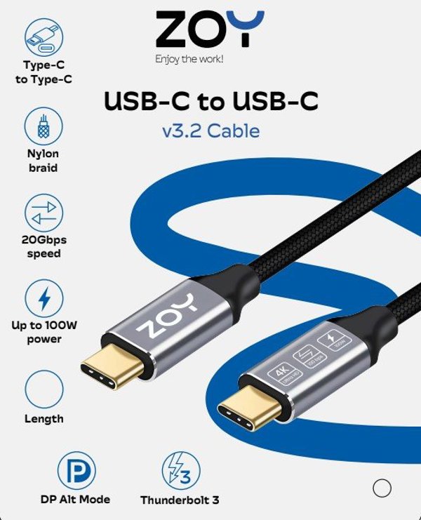 Καλώδιο ZOY USB-C σε USB-C 3.2, Μήκος 2m, Μαύρο