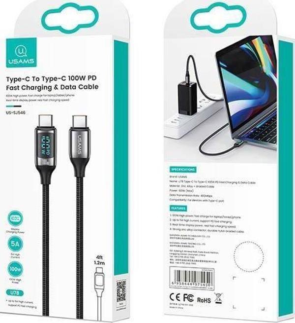 Kabel USB Usams USB-C - USB-C 1.2 m Czarny (6958444975450)