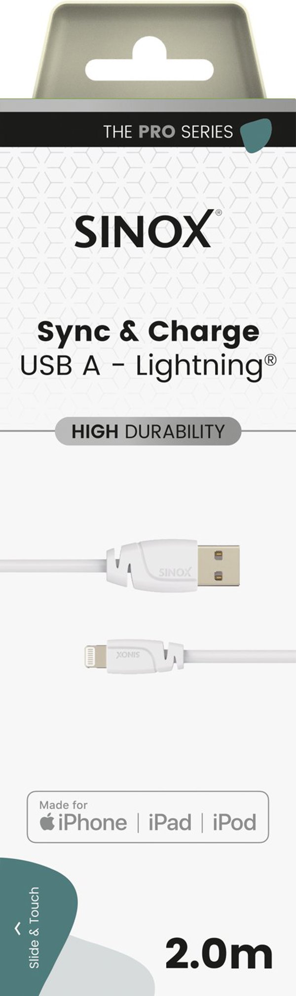 Kabel USB Sinox PRO Lightning με αυθεντικό chip Apple™ 2m Λευκό