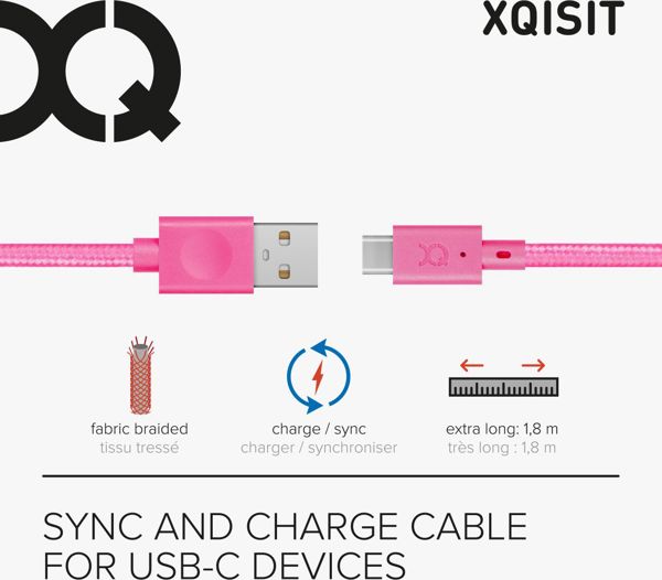 Καλώδιο USB Xqisit USB-A σε USB-C 1.8 m Ροζ (112201)
