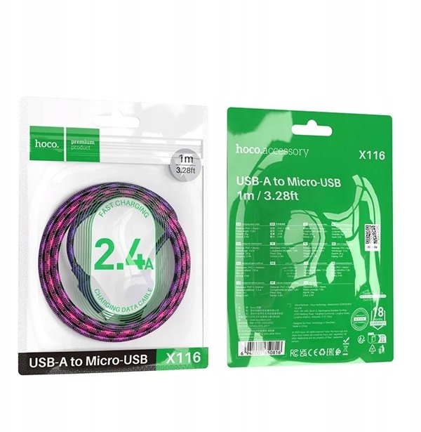Kabel USB A do Micro USB Hoco 2,4A 1 m X116 gradient fioletowy
