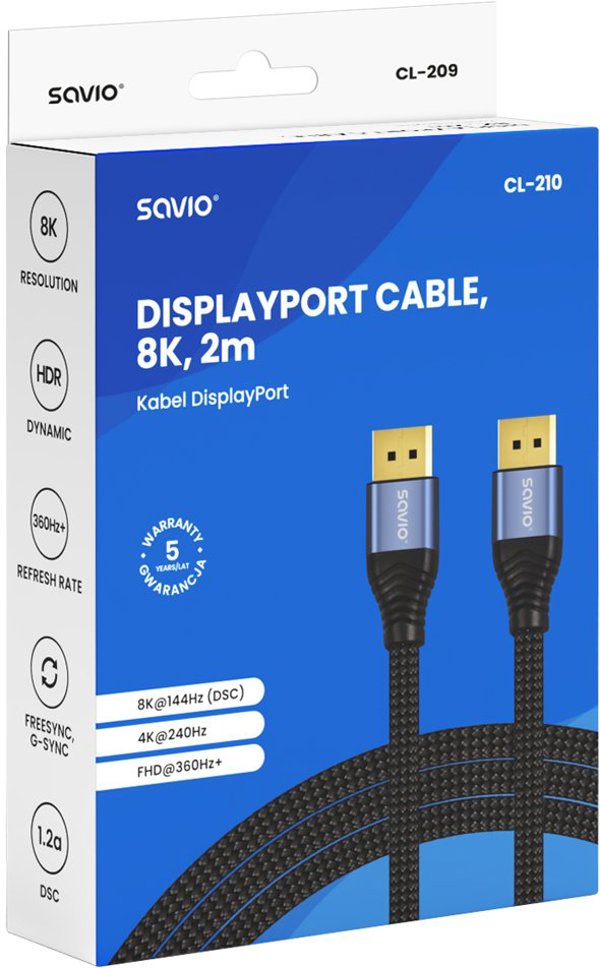 Καλώδιο DisplayPort 2.1 Savio CL-210, 2m, Μαύρο
