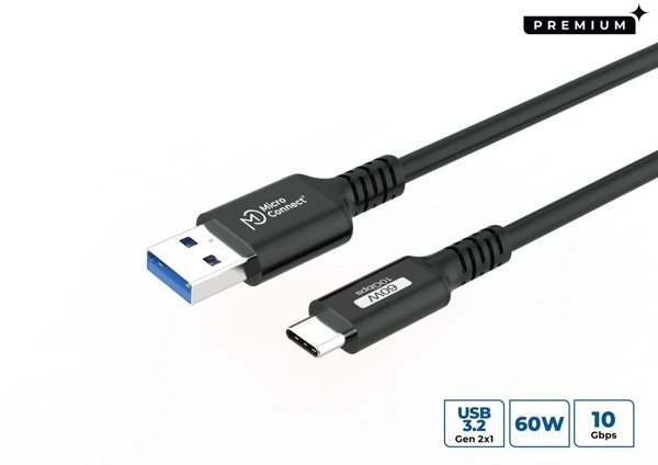 MicroConnect Καλώδιο USB 3.2 Gen 2 Type-C σε USB-A, 60W, 4m, Μαύρο