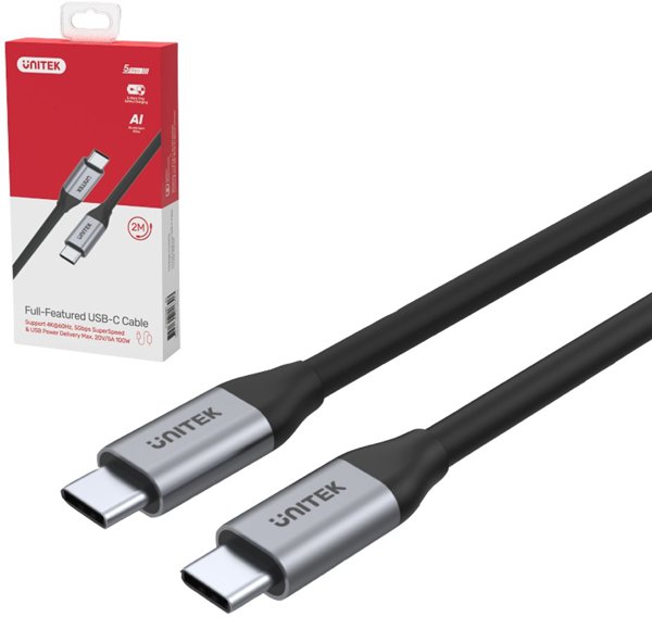 Unitek Καλώδιο USB-C σε USB-C 100W, Μεταφορά Δεδομένων 5Gbps, 4K@60Hz, 2m, Ασημί (C14091ABK)