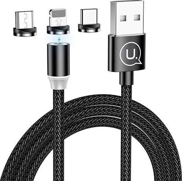 Kabel USB Usams USB-A - USB-C + microUSB + Lightning 1 m Czarny (70506-uniw)