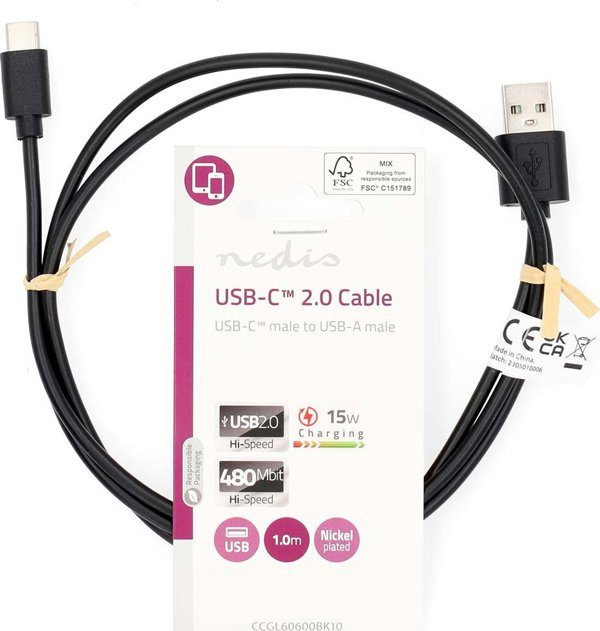 Kabel USB Nedis USB-A - USB-C 1 m Czarny (CCGL60600BK10)