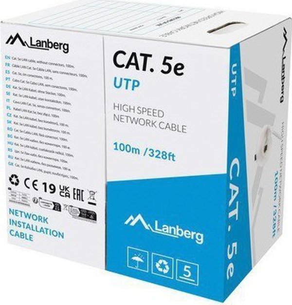 Καλώδιο Lanberg UTP Cat.5e 100m, Solid Copper, Γκρι, Fluke Passed, CPR Compliant
