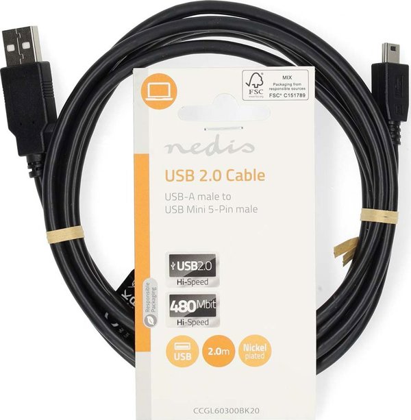 Kabel USB Nedis USB-A - miniUSB 2 m Czarny (CCGL60300BK20)