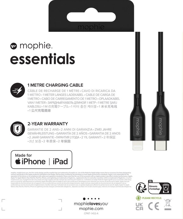Mophie Essentials Καλώδιο USB-C σε Lightning 1m - Μαύρο