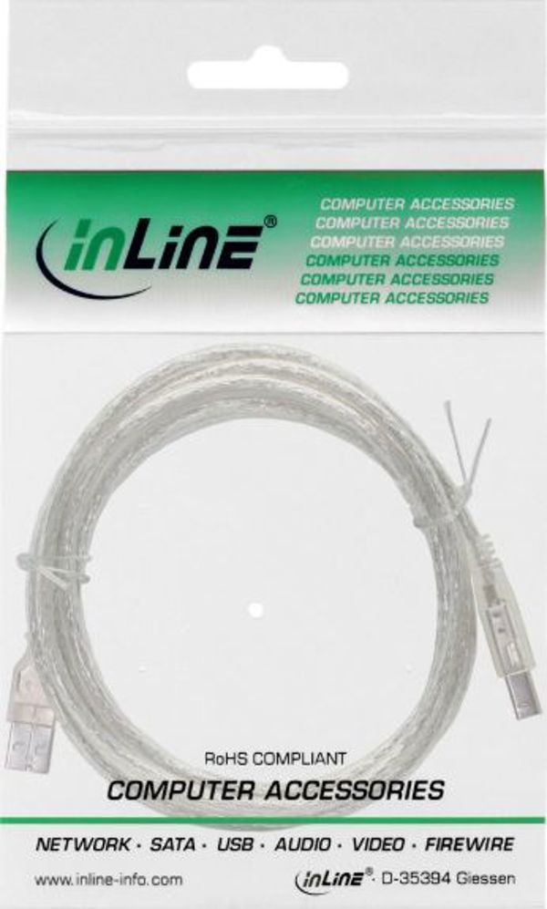 Καλώδιο InLine USB-A σε USB-B 0.3m, USB 2.0, Διαφανές