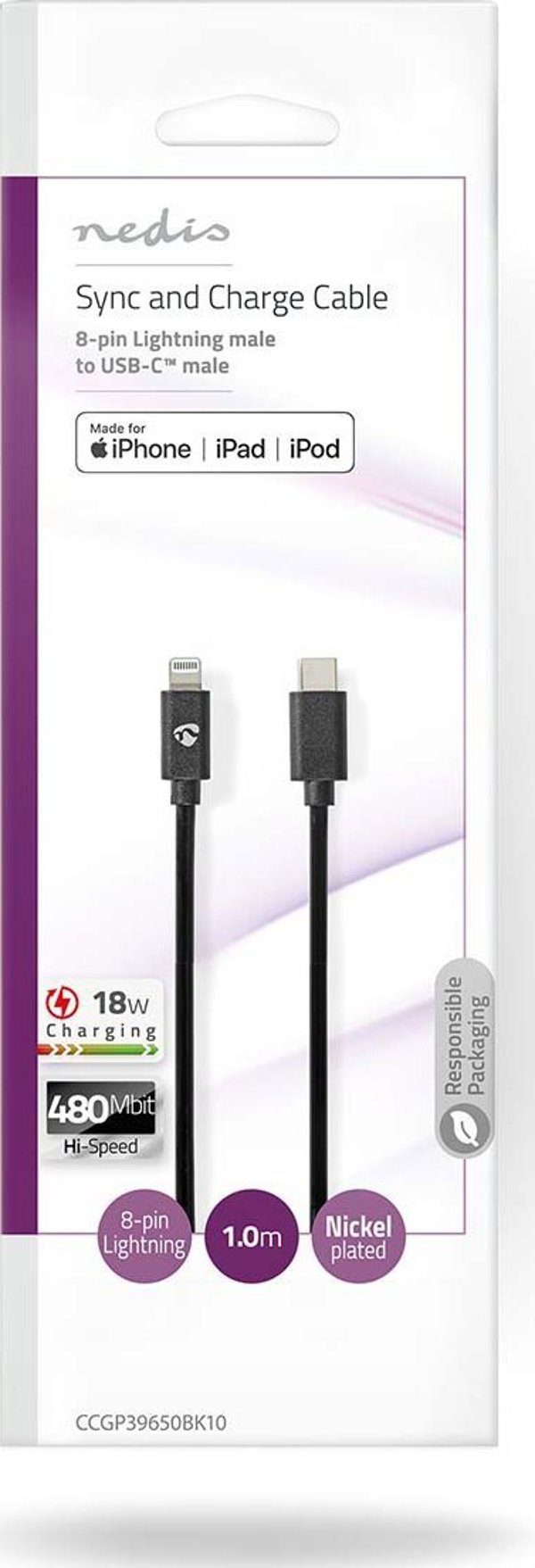 Kabel Nedis Nedis CCGP39650BK10 kabel Lightning 1 m Czarny