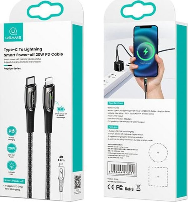 Καλώδιο Usams US-SJ518 USB-C σε Lightning 20W PD, Πλεκτό με Smart Power-off, 1.2m, Μαύρο