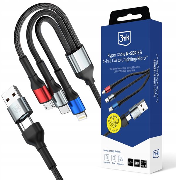 Kabel USB 3mk Hyper Cable N-SERIES 6-in-1 C/A to C/Lighting/Micro 18W 9V/2A QC 3.0 1,2m