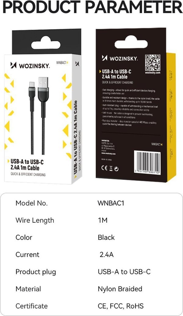 Wozinsky USB-A - USB-C καλώδιο USB 2 m Μαύρο (5907769308727) 13804525 5907769308727