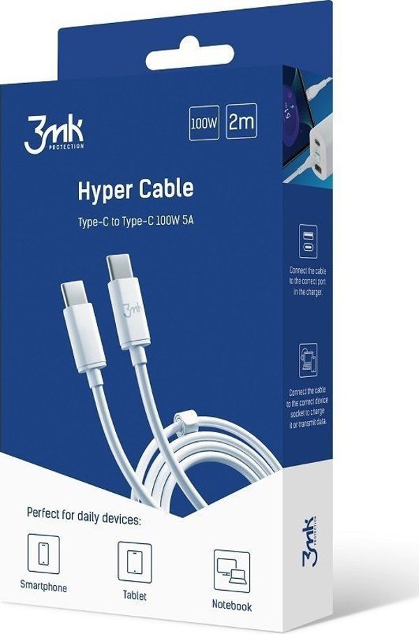 Καλώδιο 3MK USB-C σε USB-C, Υποστήριξη QC και PD, Ανθεκτική Επικάλυψη PVC, Μήκος 2m, Λευκό