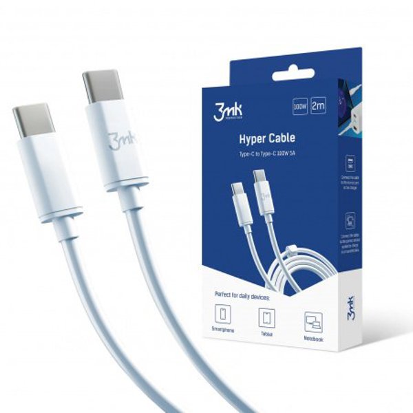 Καλώδιο 3MK USB-C σε USB-C, Υποστήριξη QC και PD, Ανθεκτική Επικάλυψη PVC, Μήκος 2m, Λευκό