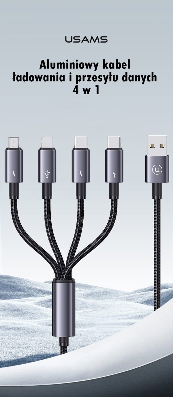 Usams Καλώδιο 4 σε 1 US-SJ739 Sufeng, 2xUSB-C/Lightning/MicroUSB, 15W, 1.2m, Αλουμίνιο
