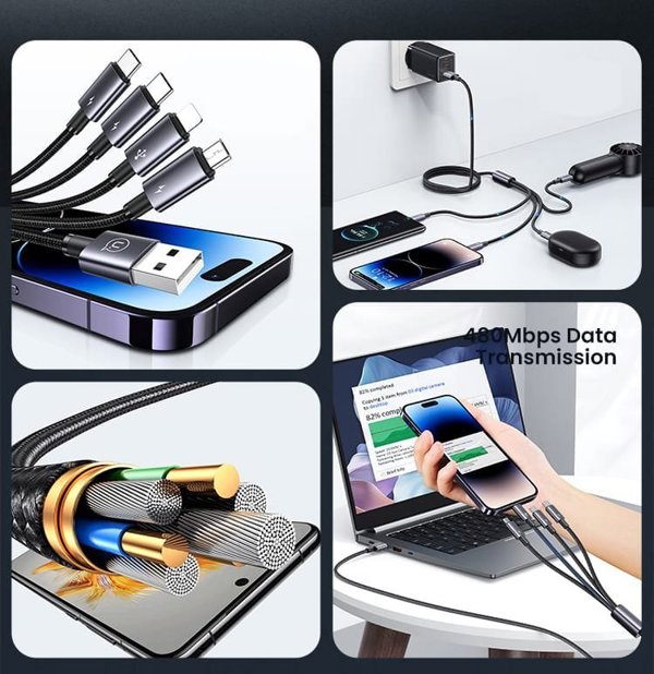 Usams Καλώδιο 4 σε 1 US-SJ739 Sufeng, 2xUSB-C/Lightning/MicroUSB, 15W, 1.2m, Αλουμίνιο