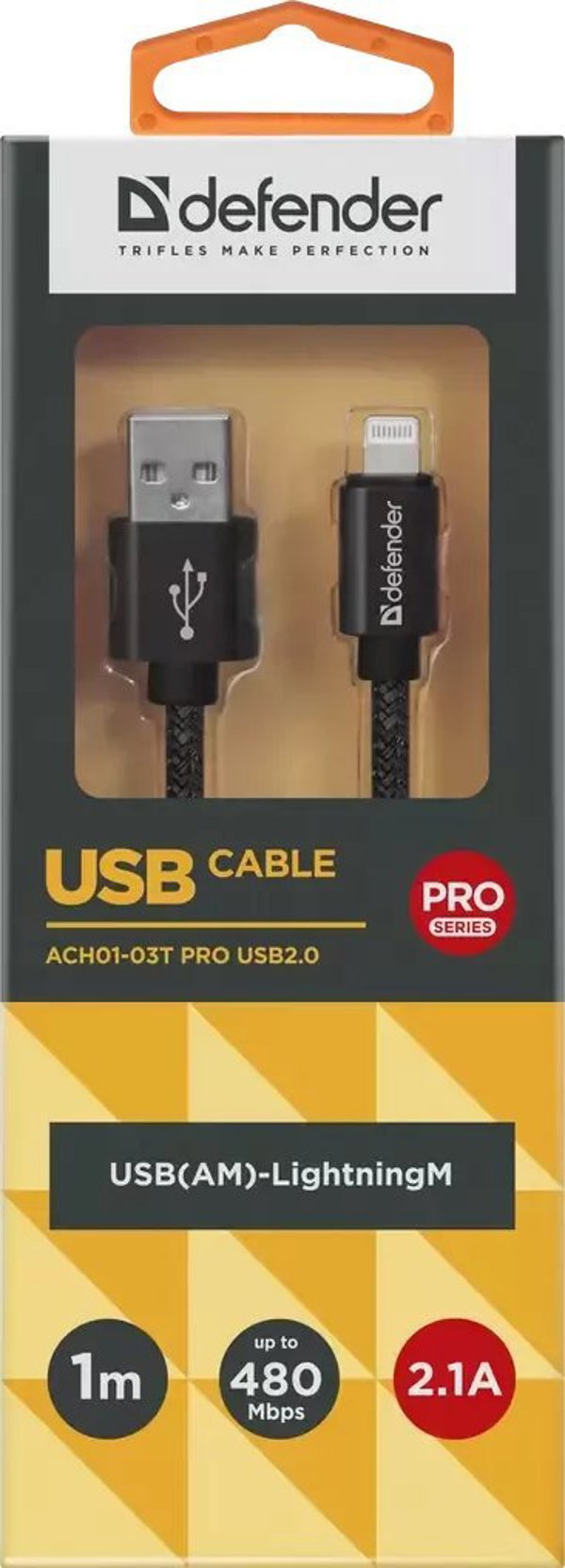Καλώδιο USB Defender USB-A σε Lightning 1m, Πλεκτό Υφασμάτινο, 2.1A, Μαύρο