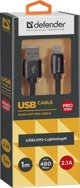 Καλώδιο USB Defender USB-A σε Lightning 1m, Πλεκτό Υφασμάτινο, 2.1A, Μαύρο