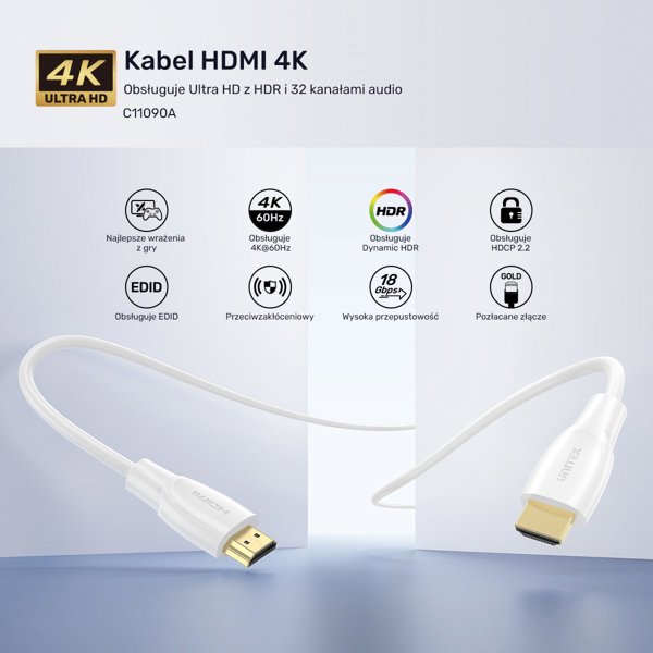 Unitek Καλώδιο HDMI 2.0 4K, 0,5m, Λευκό