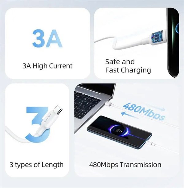 Καλώδιο USAMS US-SJ603 U84 3A USB-C σε USB-A 3m λευκό