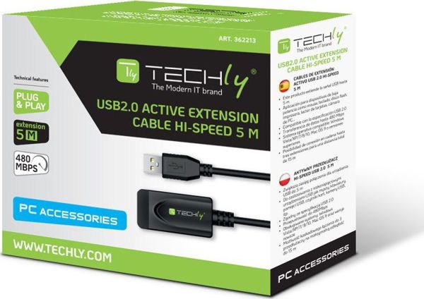 Techly Ενεργό Καλώδιο Επέκτασης USB 2.0 A-A, 5m, Μαύρο (IUSB-REP20TY)