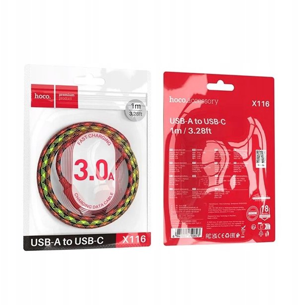 Kabel USB A do USB C Hoco 3A 1 m X116 gradient czerwony