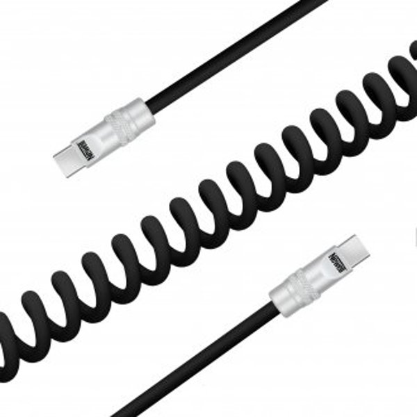 Kabel Newell USB-C - USB-C 100 W, 1,5 m, silikonowy, spiralny, czarny
