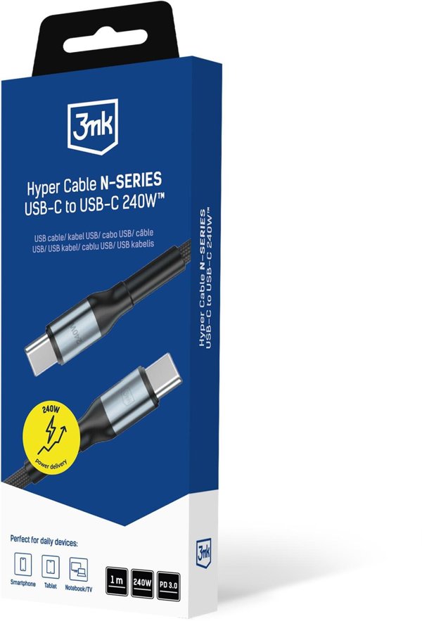 3MK Hyper Cable N-Series Καλώδιο USB-C σε USB-C, 240W, 5A, PD 3.0, QC 3.0, 1m, Μαύρο