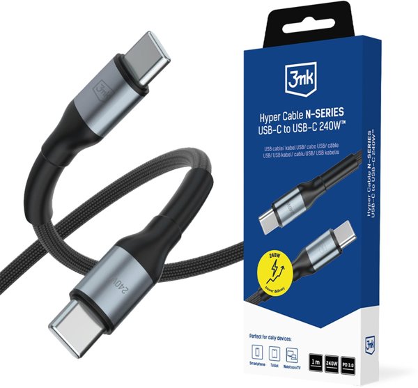 3MK Hyper Cable N-Series Καλώδιο USB-C σε USB-C, 240W, 5A, PD 3.0, QC 3.0, 1m, Μαύρο