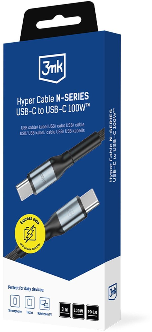 3MK Hyper Cable N-Series USB-C σε USB-C, 100W, 5A, 3m, Fast Charging PD 3.0/QC 3.0, Μαύρο