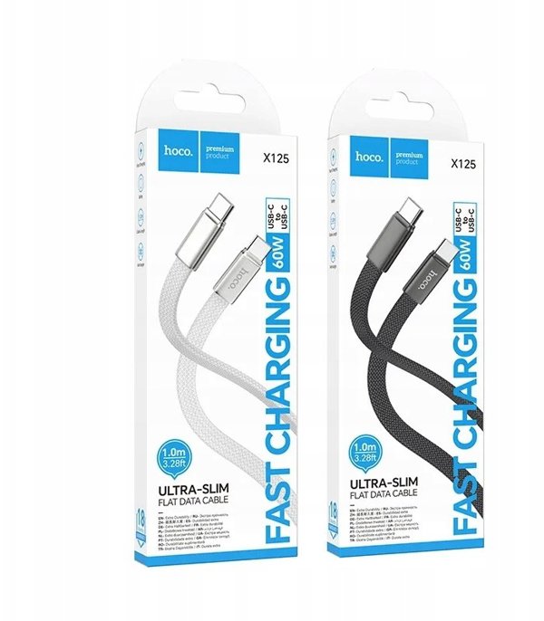 Kabel USB C do USB C Hoco 3A 60W plaski 1 m X125 czarny