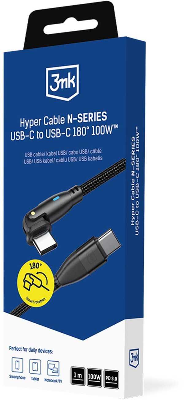 3MK Hyper Cable N-Series Καλώδιο USB-C σε USB-C 100W 1m, PD 3.0 & QC 3.0, Μαύρο