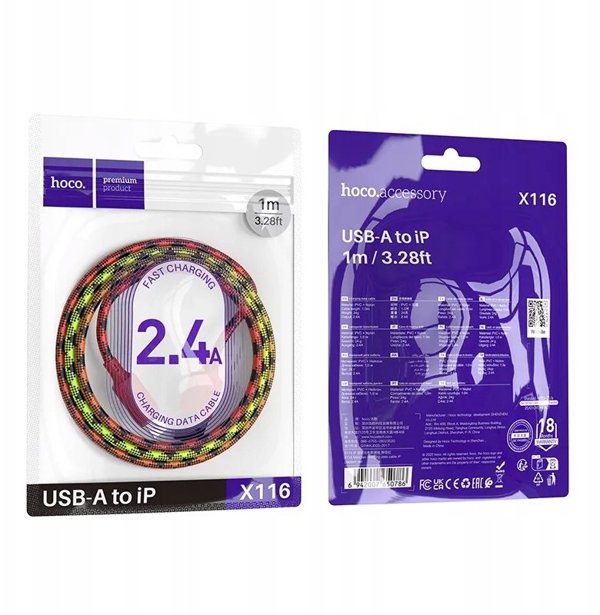 Kabel USB A do Lightning Hoco 2,4A 1 m X116 gradient czerwony