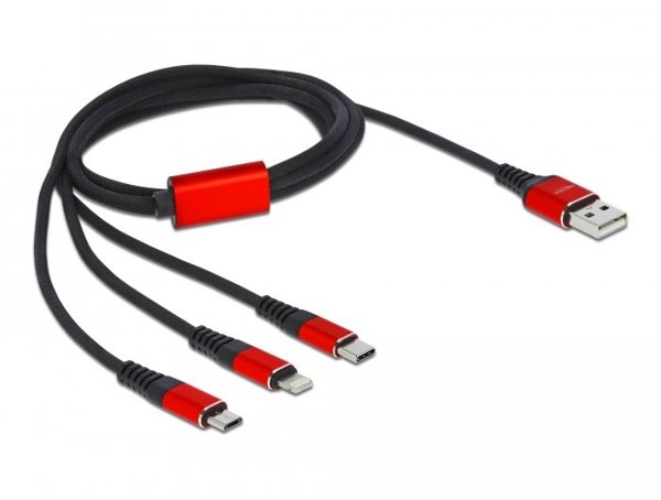 Delock καλώδιο φόρτισης USB 3 σε 1, 1 μ, μαύρο/κόκκινο