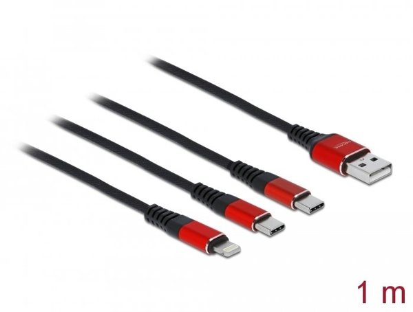 Delock καλώδιο φόρτισης USB 3 σε 1, 1 μ, μαύρο/κόκκινο