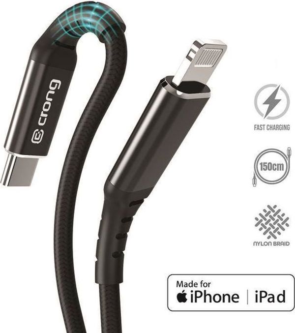 Crong Καλώδιο USB-C σε Lightning 1.5m MFi για iPhone/iPad, Γρήγορη Φόρτιση, Μαύρο