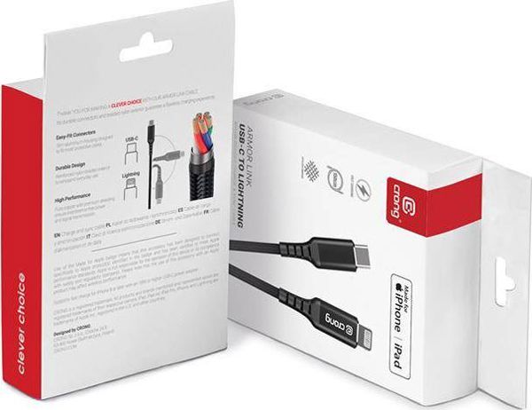 Crong Καλώδιο USB-C σε Lightning 1.5m MFi για iPhone/iPad, Γρήγορη Φόρτιση, Μαύρο