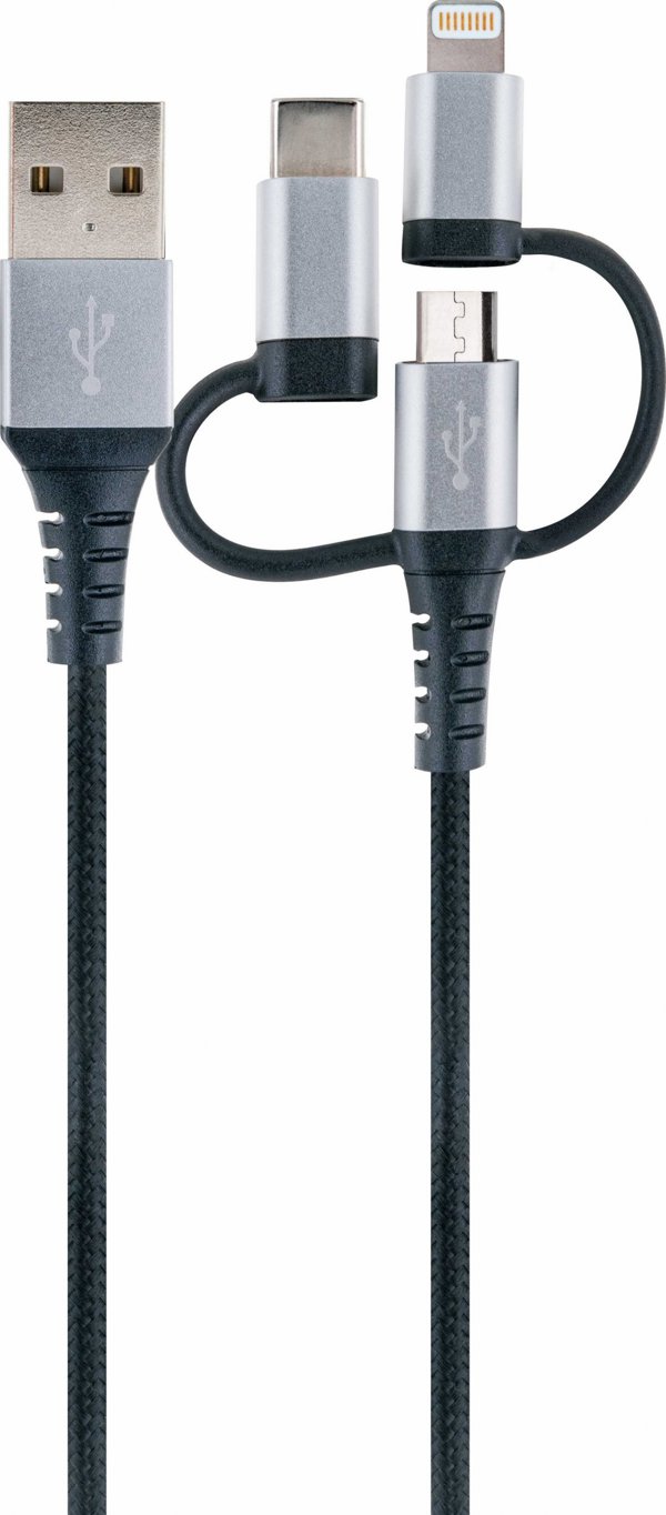 Καλώδιο USB Schwaiger LKU100533 3-σε-1 USB-A σε USB-C, Micro-USB & Lightning, 1.5m, Μαύρο
