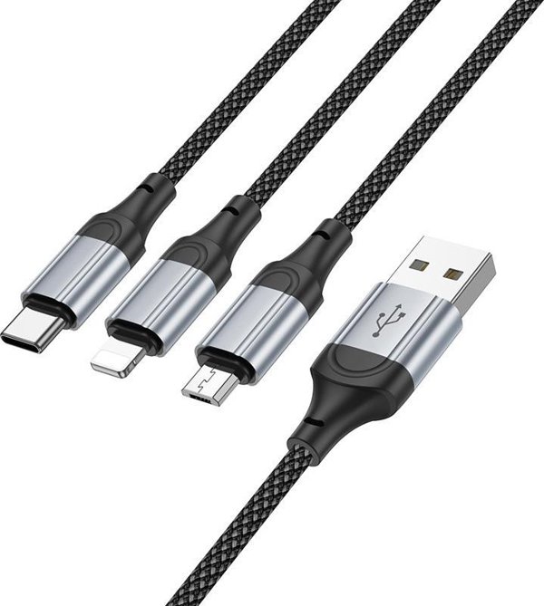 Καλώδιο Hoco X102 3-σε-1 USB-A σε Lightning, Micro USB και USB-C, 2.4A, 1m, Μαύρο