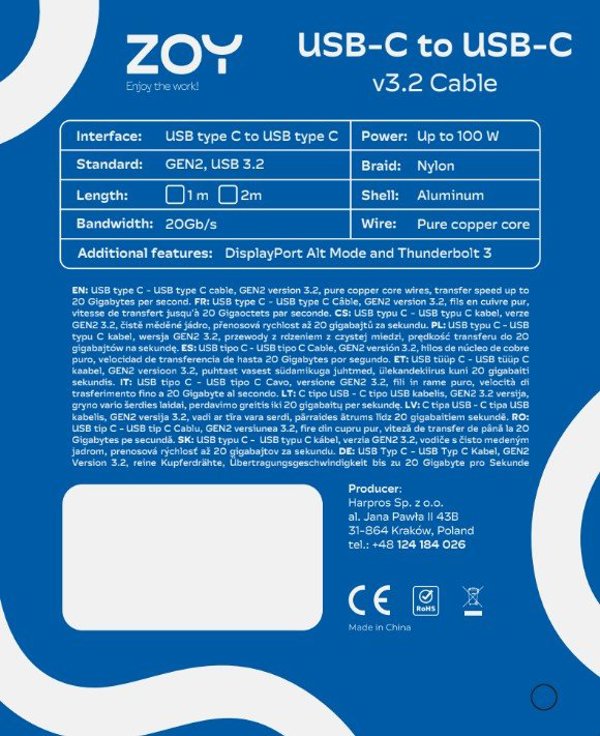 ZOY Καλώδιο USB-C σε USB-C 3.2, 1m, ZCCC1, Λευκό