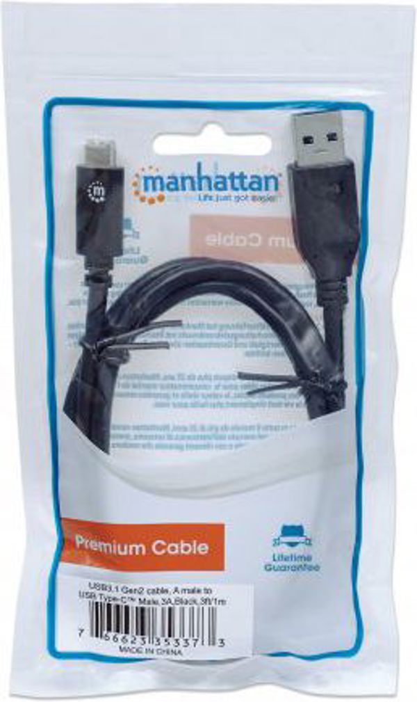 Καλώδιο USB Manhattan USB-A σε USB-C, 1m, 3.1 Gen 2, 10Gbps, Μαύρο