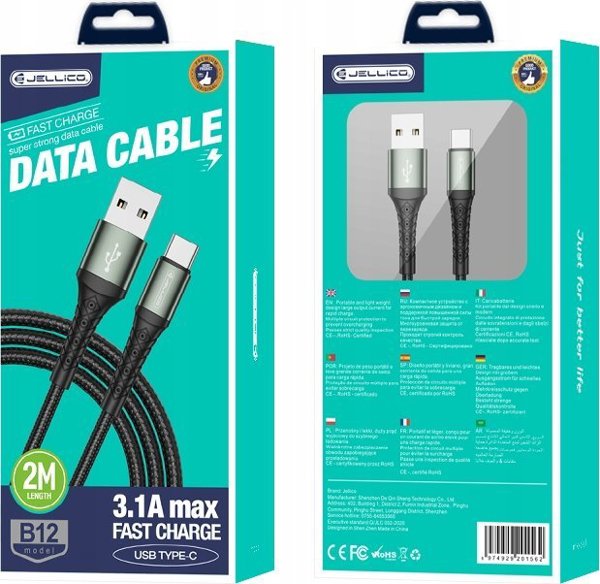 Kabel USB Jellico JELLICO kabel B12 USB-C 3.1A 2M Czarny