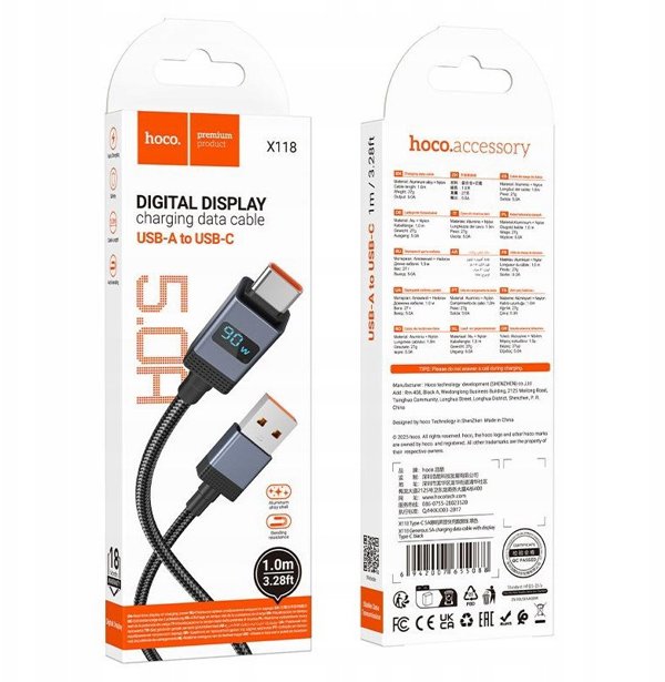 Καλώδιο USB A σε USB C Hoco 5A με Οθόνη 1 μέτρο X118 Μαύρο
