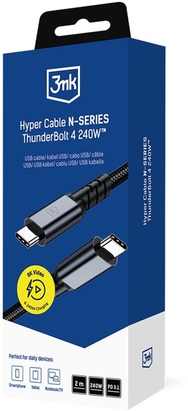 3MK Hyper Cable N-SERIES USB-C Thunderbolt 4 2m, 40Gb/s, 240W, 8K60Hz, Μαύρο