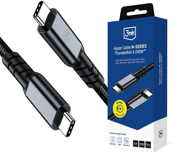 3MK Hyper Cable N-SERIES USB-C Thunderbolt 4 2m, 40Gb/s, 240W, 8K60Hz, Μαύρο