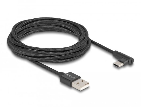 Kabel USB Delock USB 2.0 Cable Type-A male to USB Type-C male angled 3 m black, 3 m, USB A, USB C, USB 2.0, 0.48 Gbit/s, Black